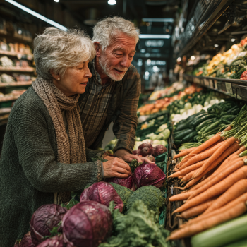 Idősebb pár egészséges ételt készít a konyhában